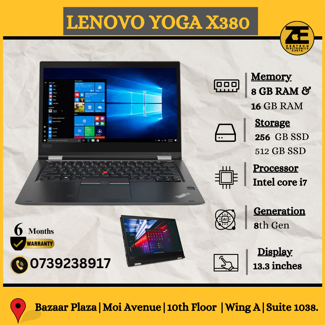 Lenovo X380 Yoga laptop displayed at a store with key features highlighted, including a Core i7 processor, 13.3 inch touchscreen, and available in Kenya.